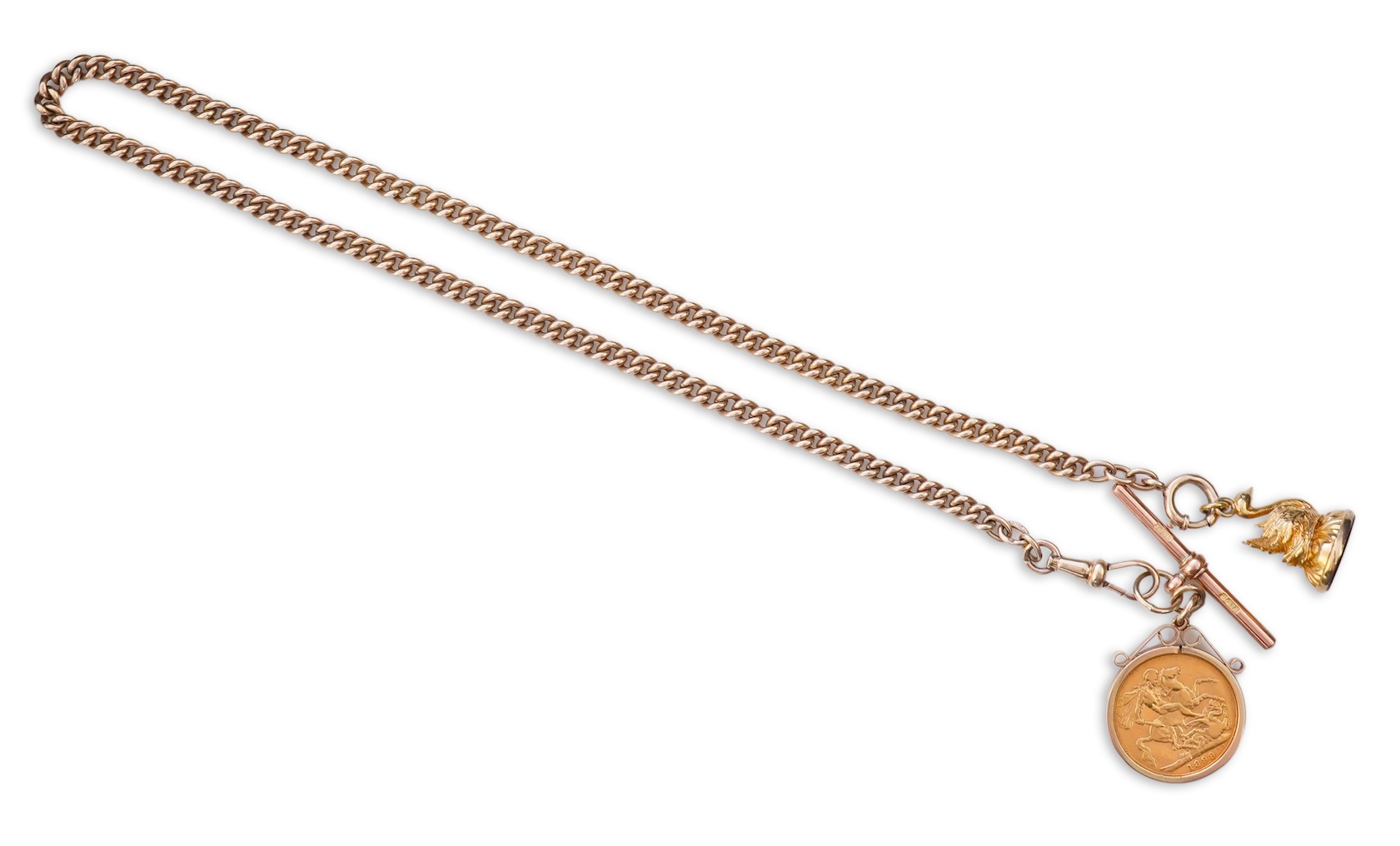 A gold Albert chain, sovereign coin pendant and fob seal, early 20th century
